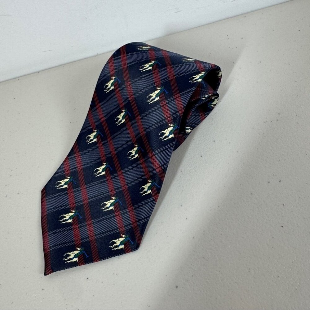 René Chagal Silk Polo Horse Tie Navy Plaid Equestrian Designer Necktie - Picture 3 of 12